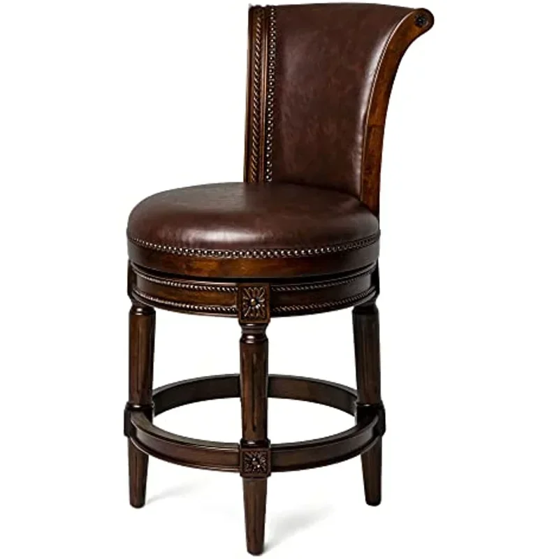 Pullman 26 Inch Tall Counter Height Upholstered Barstool with Back in Dark Walnut Finish with Vintage Brown Leather Cushion Seat - Image 2