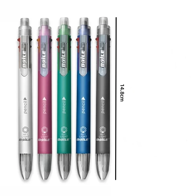 Stylos à bille multicolores 6 en 1, 5 couleurs, 1 crayon automatique avec gomme, fournitures de papeterie scolaires et de bureau 6 Stylos à bille multicolores 6 en 1, 5 couleurs, 1 crayon automatique avec gomme, fournitures de papeterie scolaires et de bureau 6