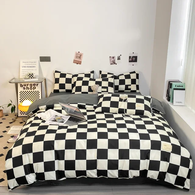 Parure de lit à carreaux noir et blanc, ensemble complet de literie à grille géométrique, housse de couette à carreaux en treillis doux avec 2 taies d'oreiller 1