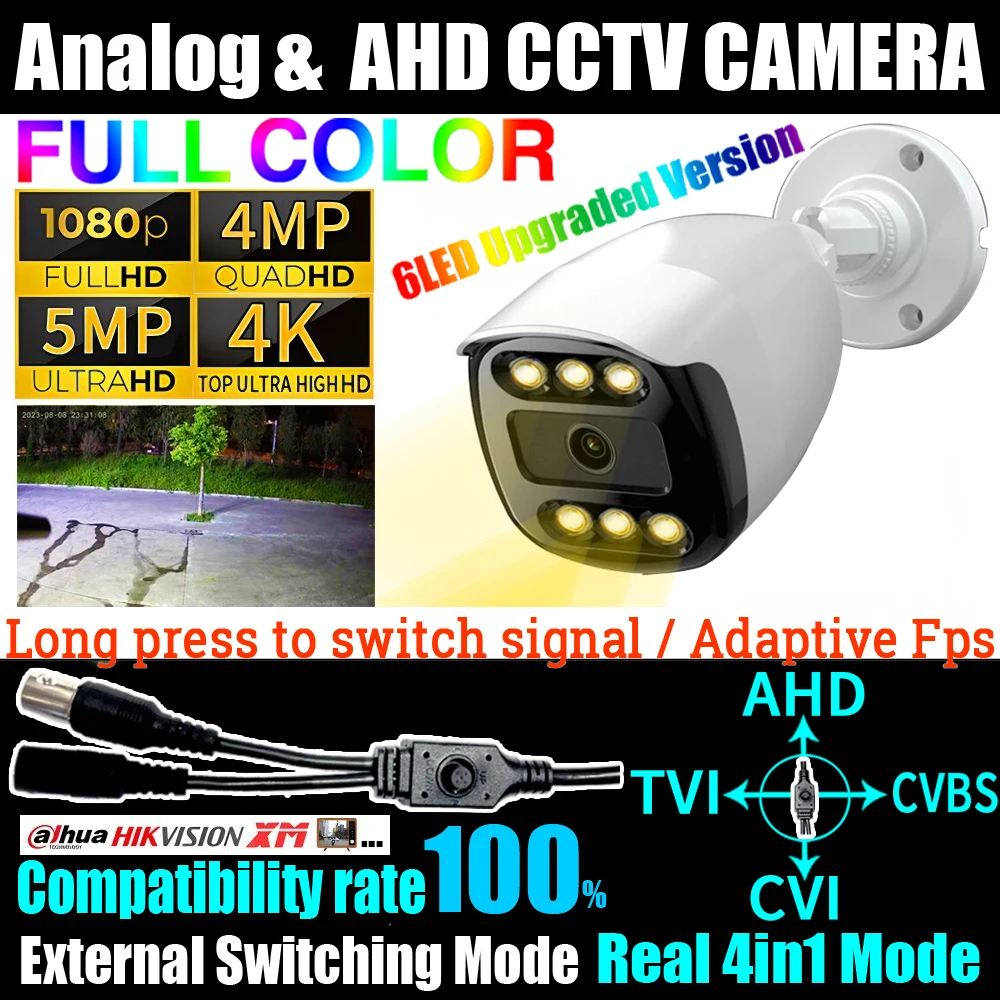 

5000TVL Analog AHD 4K 6LED AHD Full Color Camera CCTV Luminous 8MP 5MP 1080P TVI/CVI 4in1 OSD Cable Digital HD Outdoor Monitor