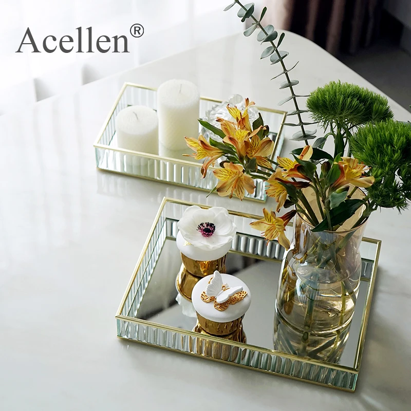 Glass Mirror Tray Gold/sliver/black Metal Edge Red Wine Plate Decorating Storage Tray Cake Tools Home Deco Modern Storage Trays