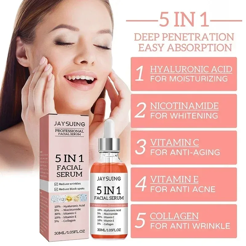 Jaysuing 5 In 1 Hyaluronic Acid Face Serum 30ml Moisturizing Vitamin C Collagen Lightning Facial Serum Shrink Pores Skin Care 4