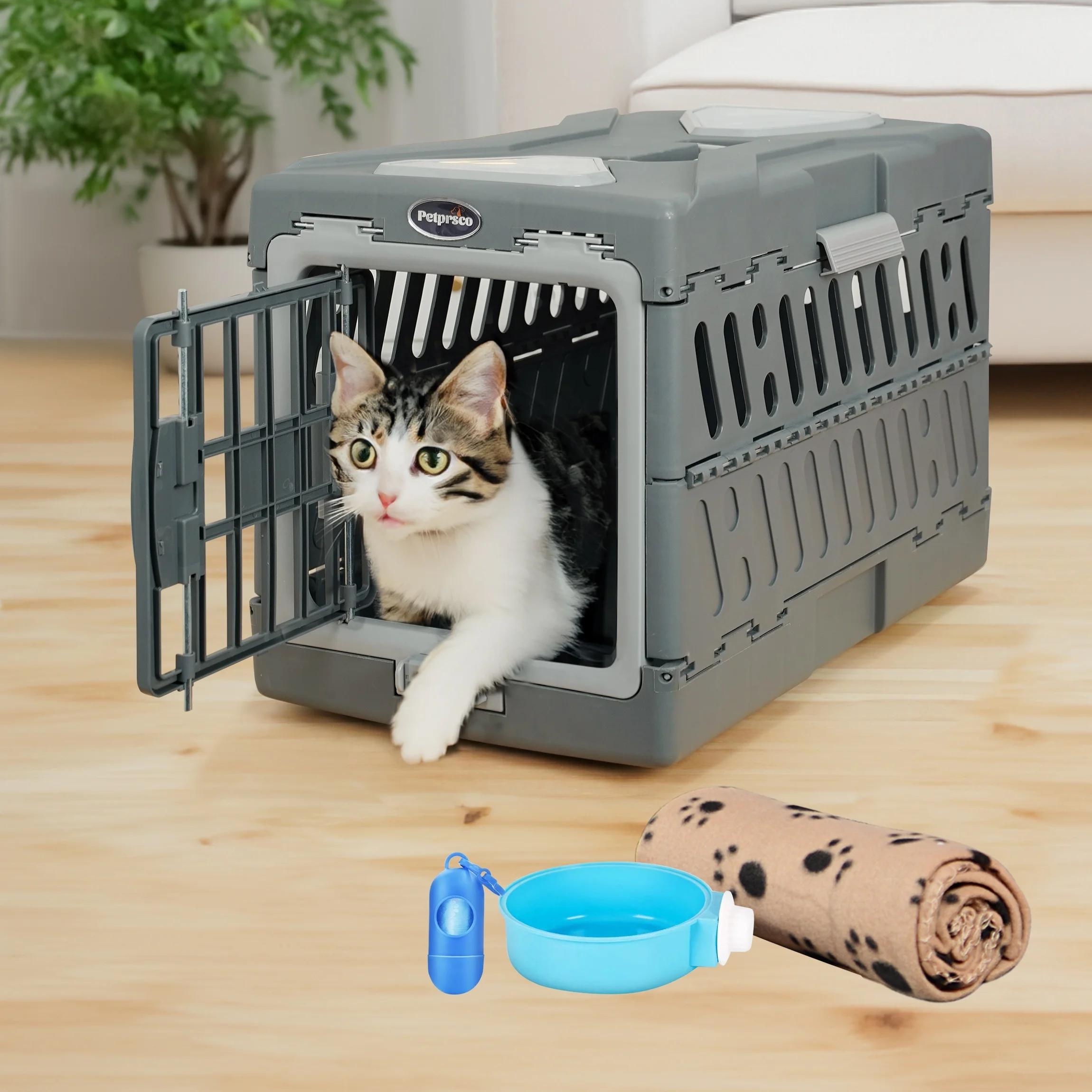 

Large Cat Carrier Hard, Plastic Portable Dog Crate 22 with Soft Blanket and Hanging Kennel Bowl for Cats Small Dogs Puppies Kit