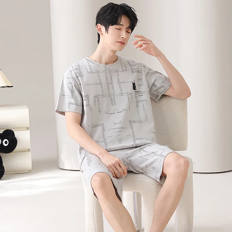 2피스 세트 남성용 여름 홈웨어, 통기성 좋은 면 소재 나이트웨어, 젊은 남성용 잠옷, 파자마, 남성용 면 파자마