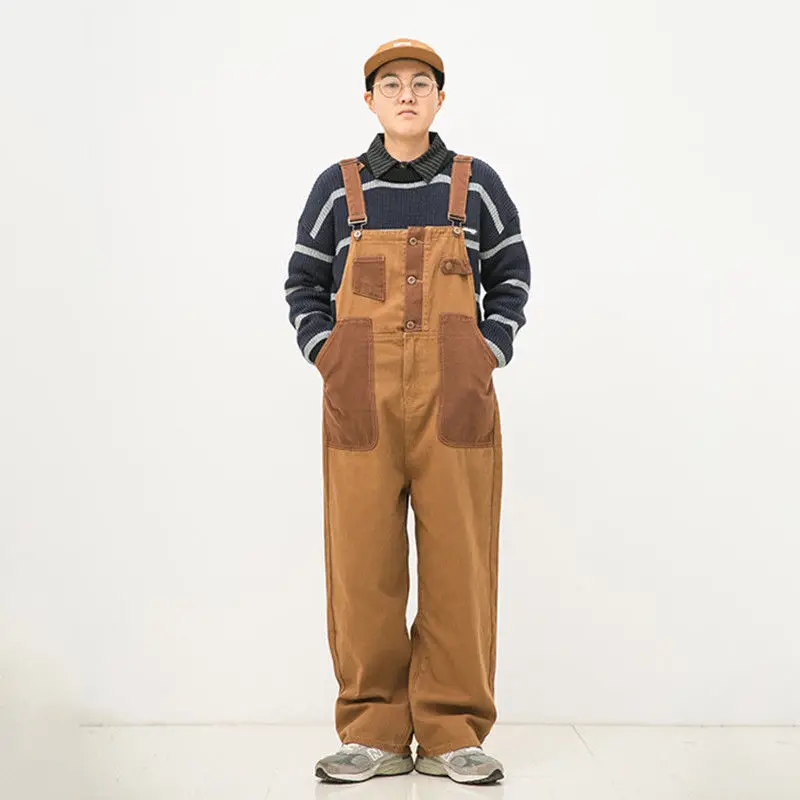 Men Clothing Japanese Retro Orange-brown Color Matching Neutral Overalls Two-sided Couple Loose Straight Overalls