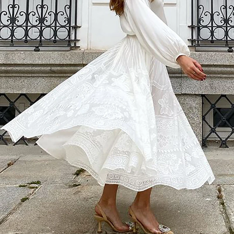 

Elegant Embroidery Lace Swing Long Skirts 2024 Women Fashion Pleated Solid Party Skirt Summer Casual Loose Holiday White Skirts