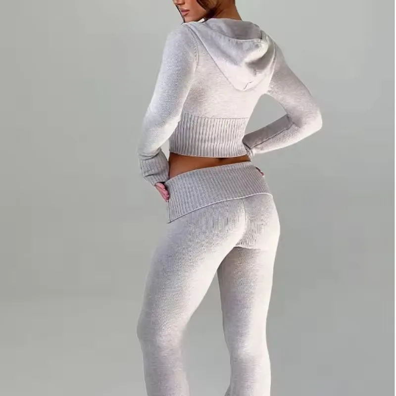 Autumn Ribbed  Knitted Two Piece Set Women Tracksuit Long Sleeve Zipper Hoodies Pants Sets Casual Solid Sweatshirt Suits