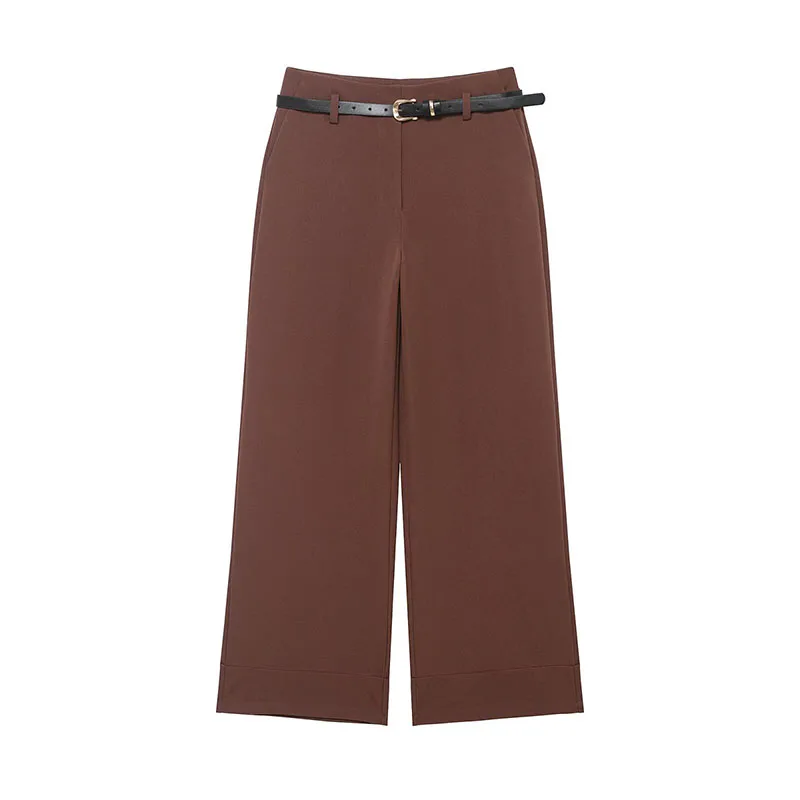 New Women Chic Fashion Office Wear Straight Pants With Belt Vintage High Waist Zipper Fly Female Trousers Mujer