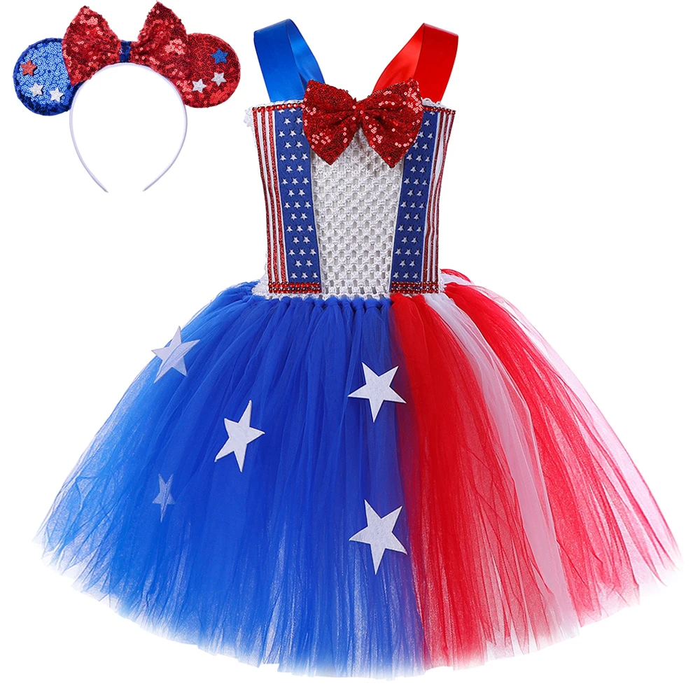 

White Red Blue US Independence Day Costumes Girls American Festivals Fancy Dress Kids Holiday Party Cosplay Tutu Outfit with Bow