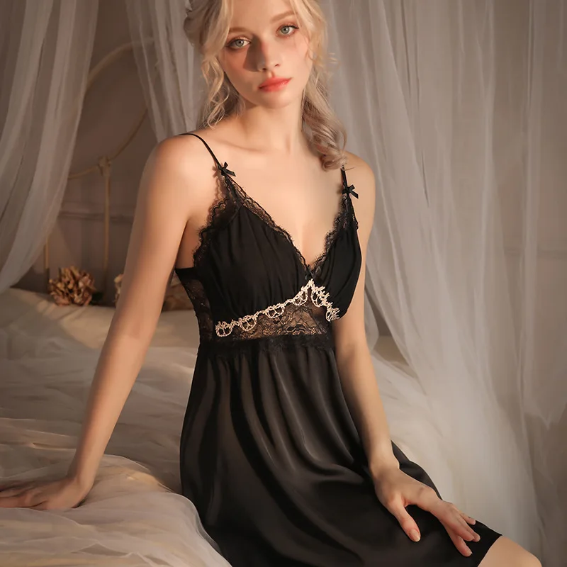 

Suspender Nightgown Sexy Lace Chemise Sleepwear Lingerie Summer New Silk Satin Female Nightdress with Chest Pad Loose Homewear