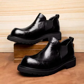 Handmade Casual Work Boots Men's Shoes Cowhide Black Slip on Office British Motorcycle Thick Soled Plaform Chelsea Boots Male