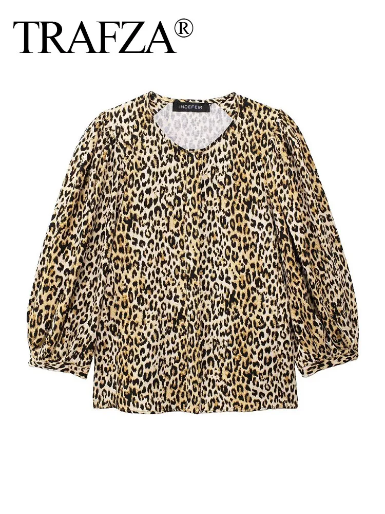 

Женская блузка с леопардовым принтом, круглым вырезом и рукавом 2024