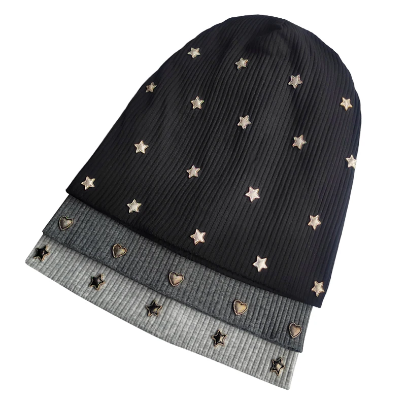 Geebro Star Ribbed Cotton knitted skullies Beanie For Women Casual Soft Design Solid Heart Bonnets hat Slouchy  Ladies Hat 5