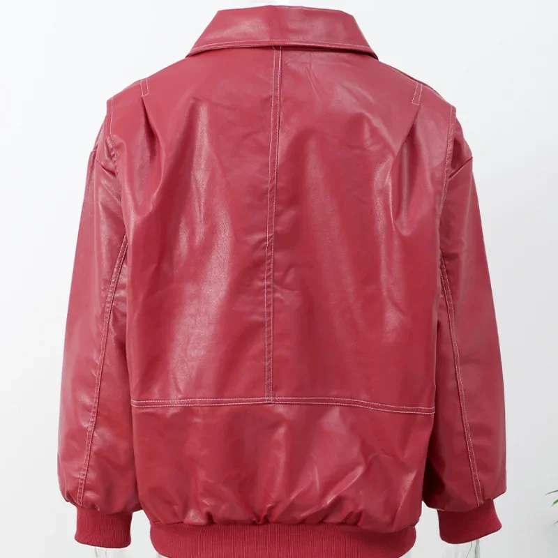Vintage Solid Lapel Collar Zipper Women's Leather Jacket Casual Fashion Lapel Long Sleeve Coat 2024 Autumn Winter Outwear Tops