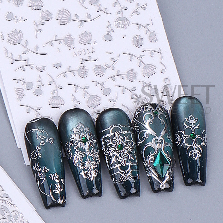 26pcs Metallic Lace Flowers Vine Nails Stickers 3D Retro Hollow Gold Silver Lace Line Self-Adhesive Nail Decals Manicure Decor