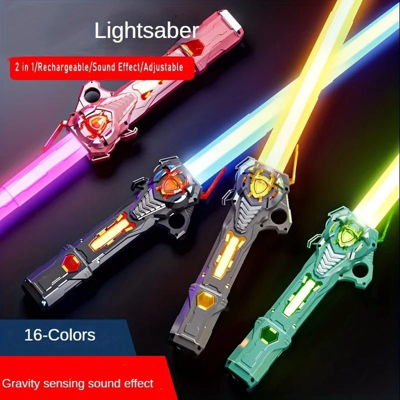 

Световой меч RGB для детей, перезаряжаемый лазерный меч с гравитационным датчиком и звуковым эффектом, мигающая игрушка 2 в 1, 16 цветов