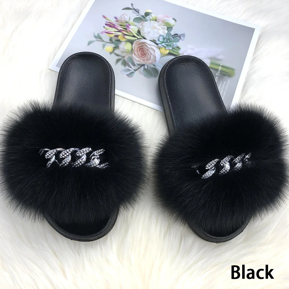 Summer Crystal Real Fox Fur Slippers Black Fur Fluffy Slides Eva Home  Fashion 2021ladies Flip Flops Slippers Crystal Beach - Women's Slippers -  AliExpress