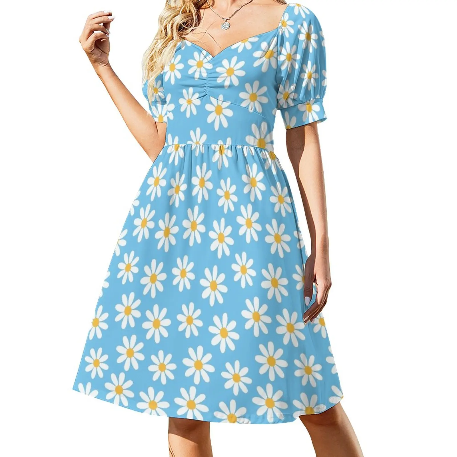 thumbnail image 1 of Vestido de noche con estampado de margaritas blancas sobre azul sin costuras, vestido informal para mujer, vestidos de noche de lujo para mujer, 1 of 7