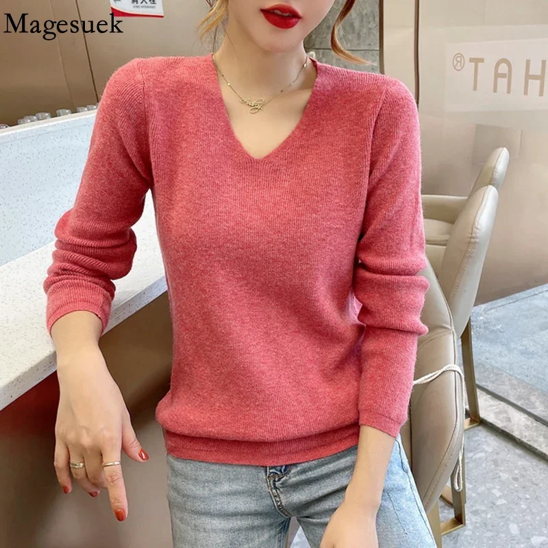 

Autumn Winter V-neck Cashmere Sweater Pullover Women New Fashion Casual Loose Knitted Bottoming Sweater Slim Fit Solid Top 17944