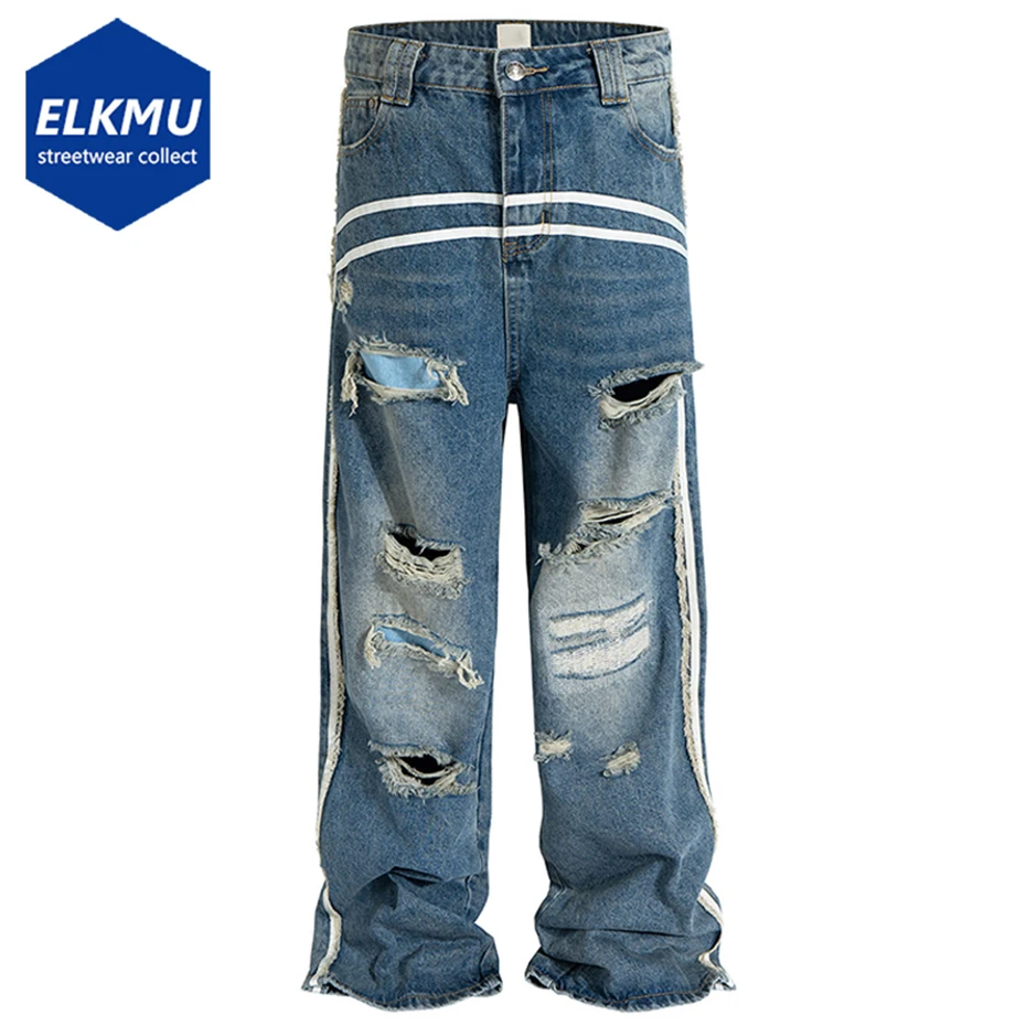 

Роскошные Дизайнерские мешковатые джинсы, мужская мода, Боковые Полосатые рваные винтажные синие джинсовые брюки, мужские джинсовые брюки в стиле хип-хоп