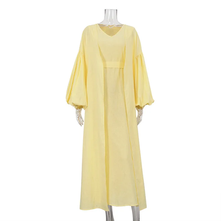 Loose 2 Piece-Set Long Dress Cover up Clothes For Women Casual V-Neck Solid High Waist Beach Holiday Maxi Dress Outfits