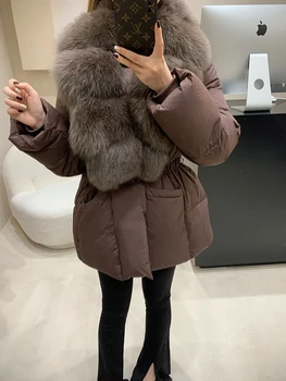 Winter High End Natural Large Fur Collar Down Jacket Women White Duck Down with Belt Outwears Female Solid Thicken Warm Jackets