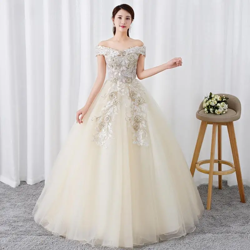 

Новинка, классическое бальное платье с открытыми плечами, Vestidos De Quinceaneras, цвета шампанского, фатиновое кружевное Цветочное платье, милые элегантные пышные платья для выпускного вечера