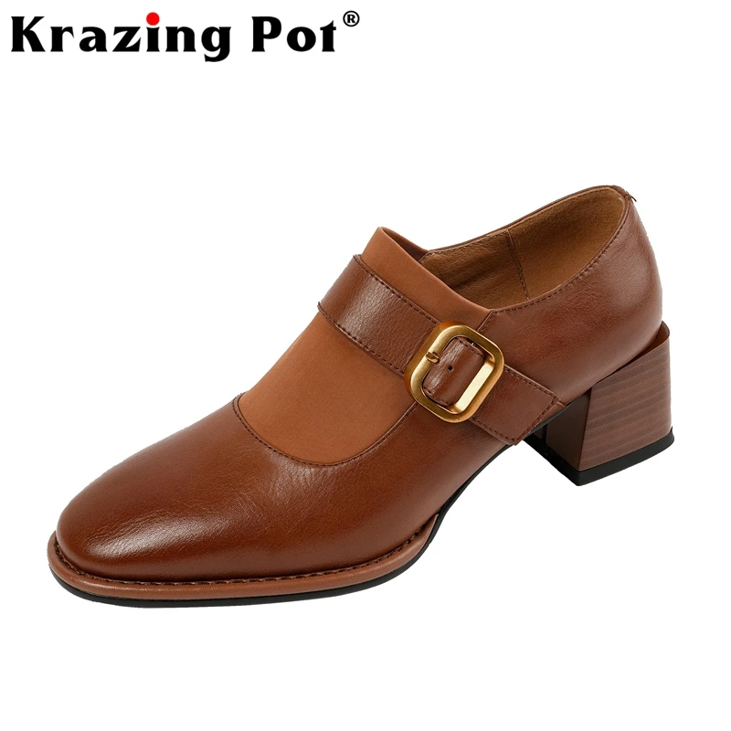 

Krazing Pot Large Size 42 Full Grain Leather Round Toe Med Heels Modern Shoes Belt Buckle Splicing Chic Oriental Slip on Pumps