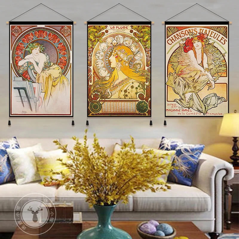 

Musha fine cloth hanging painting, European retro mural, Baroque art, background decorative painting, bedroom tapestry