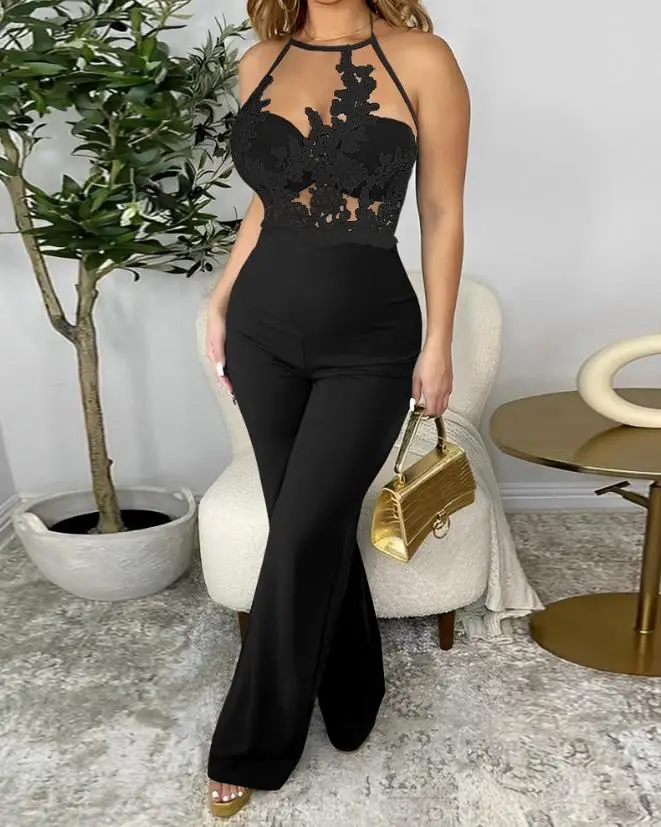 Women's Sexy Summer Casual Elegant Jumpsuit 2024 New Guipure Lace Spaghetti Strap Sheer Mesh Jumpsuit