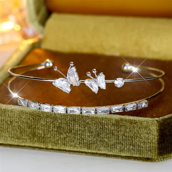 Female Cute Small Butterfly Double Layer Opening Bangle Bracelets For Women Charm Gold Silver Color White Zircon Wedding Jewelry