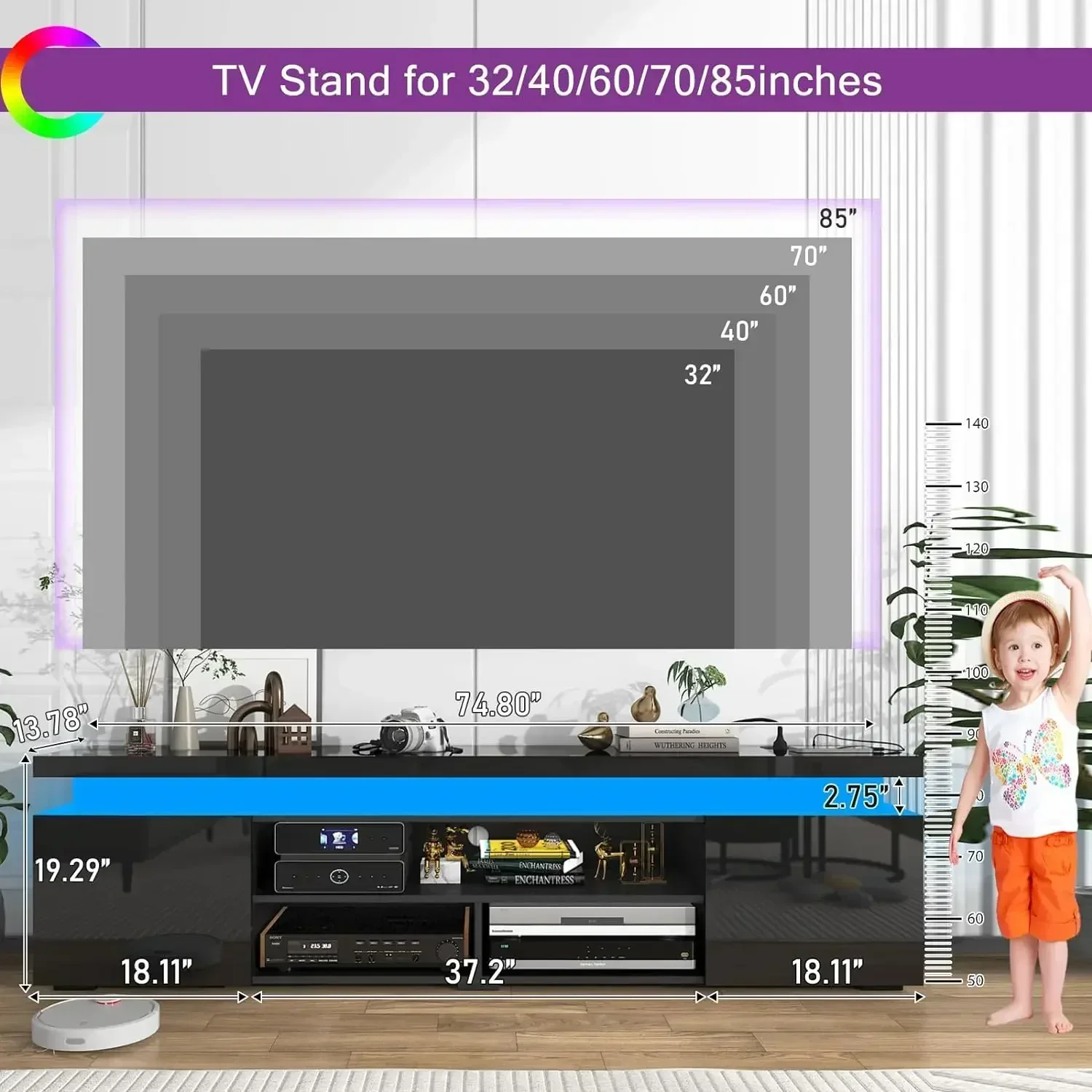 LED TV Stand for 85" TV, Modern Gaming Stand w/ Power Outlet, High Gloss Console Entertainment Center w/ Storage for Living Room 4