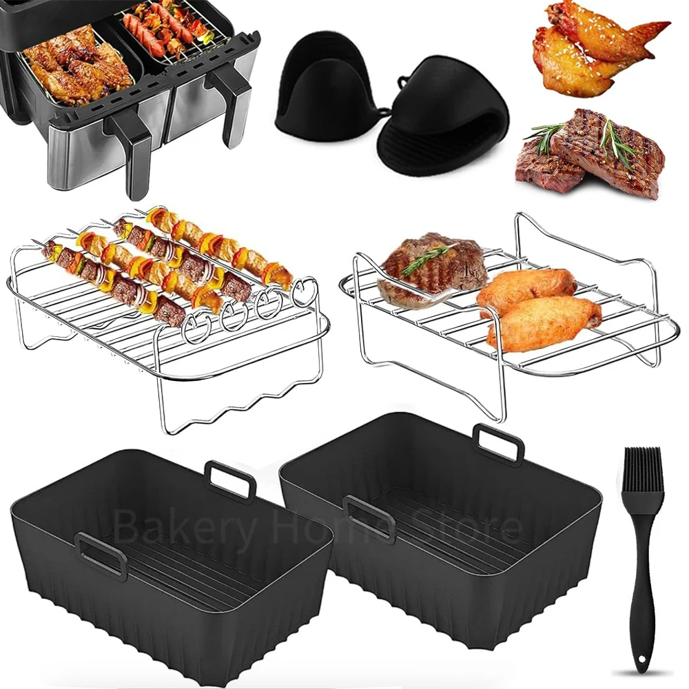 Premium Air Fryer Accessories Set with Stainless Steel Grill Racks and Rectangle Silicone Basket