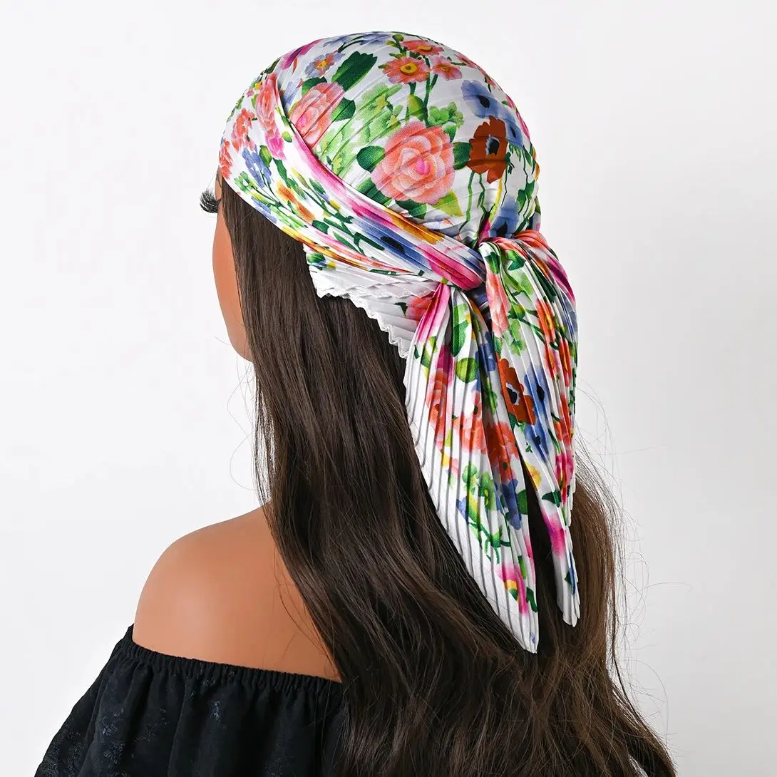 Four Seasons New 70cm Silk Pleated Scarf Print Small Scarves Square Scarf Satin Neckerchief Decorative Headscarf Bandana