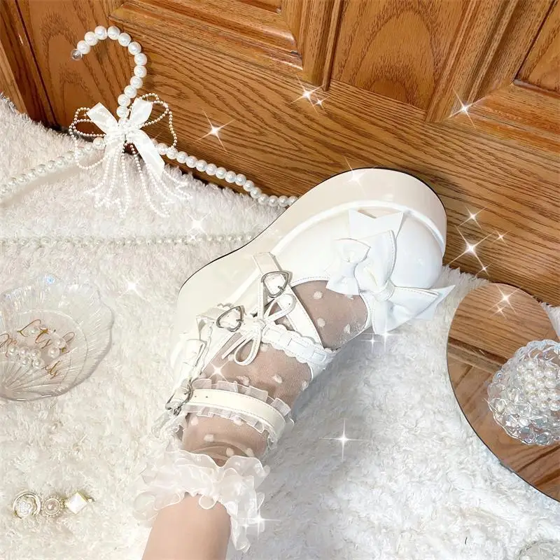 Lace Bowknot White Lolita Shoes for Women 2025 Heart Buckle Platform Mary Janes Woman Japanese Style Patent Leather Jk Shoes 6