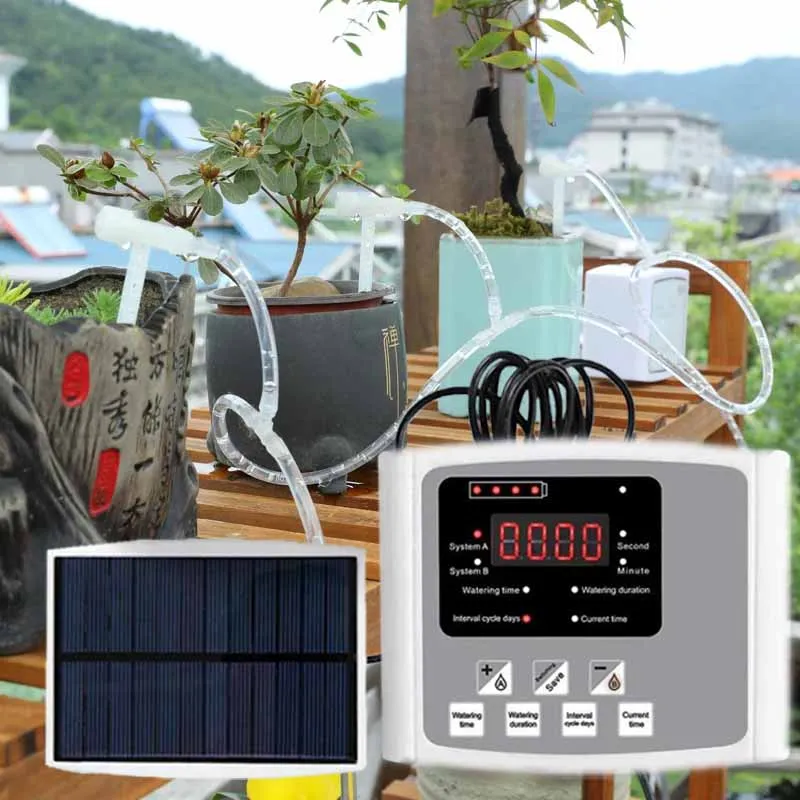 Garten Einstellbare Ventil Tropf Bewässerung Gerät Doppel Pumpe Controller Timer System Solar Energie Intelligente Automatische Bewässerung