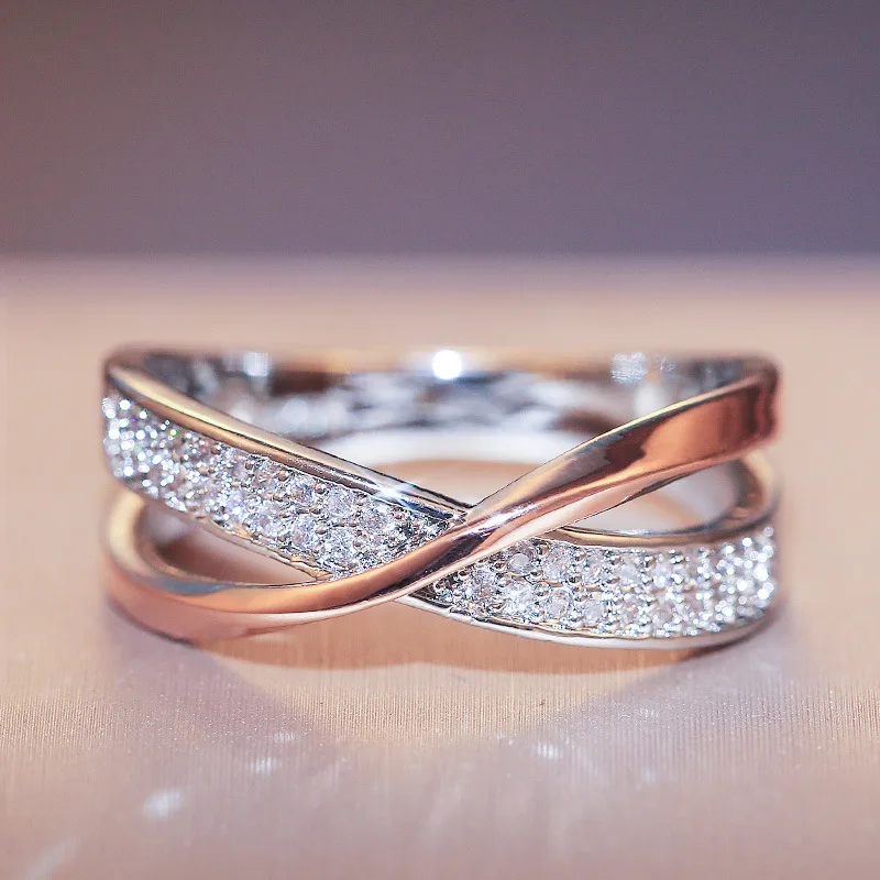 Huitan Fashion Two Tone 925 Sterling Silver Cross Rings for Women Rose Gold Color and Shiny CZ Rings Novel Charms Party Jewelry