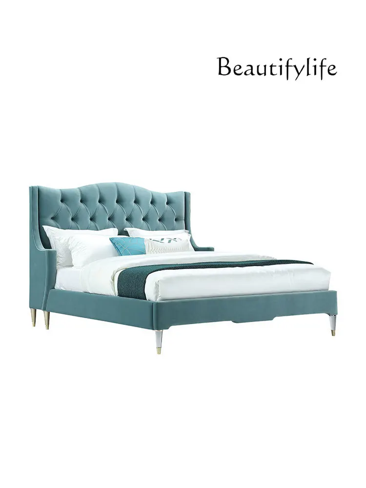 

American-Style Solid Wood Flannel Double Bed Modern Minimalist Acrylic Feet Bedroom French Velvet Bed