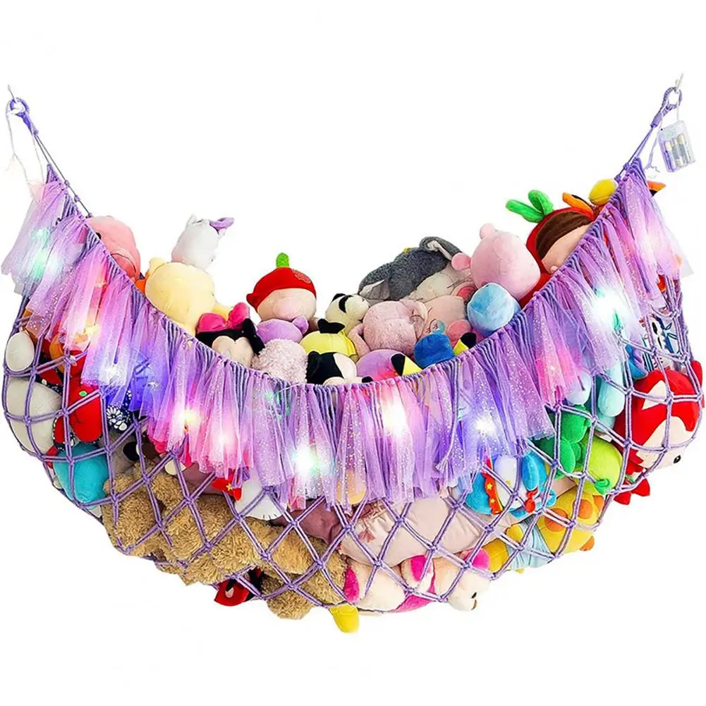 Bohemian Style Decor Plush Toy Hammock Capacity Wall-mounted Toy Net Bag with String Light Tassels Design Playroom for Stuffed 2