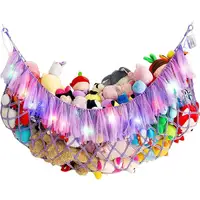 Bohemian Style Decor Plush Toy Hammock Capacity Wall-mounted Toy Net Bag with String Light Tassels Design Playroom for Stuffed 2