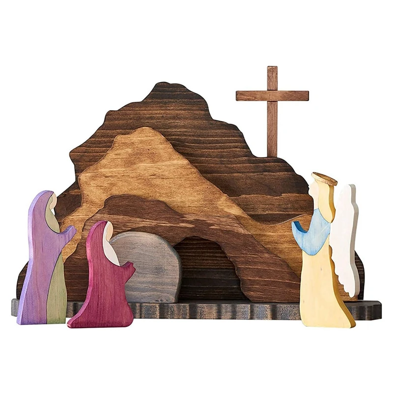 

1 Piece Halloween Day Decorations Religious Wooden Manger Creche Nativity Scene Wooden