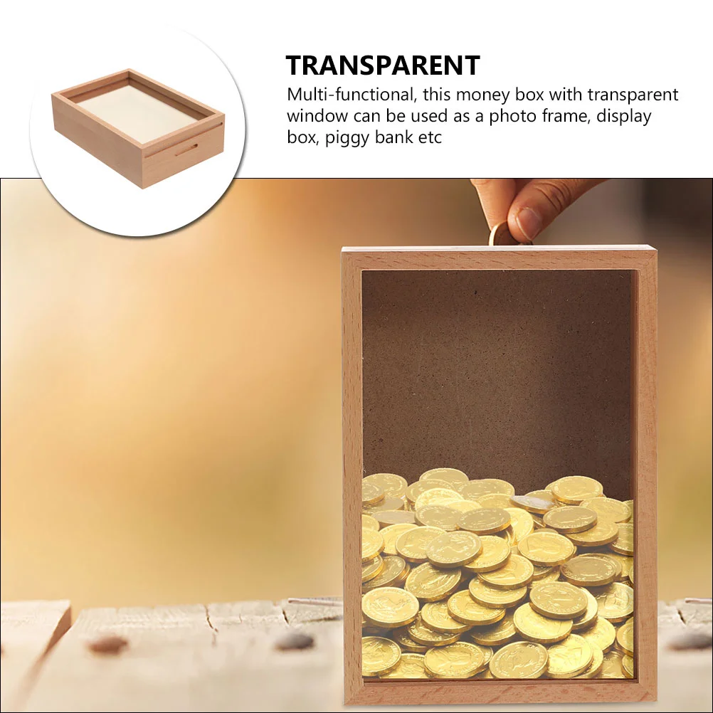 Wood Piggy 5 Inch Photo Frame Money Jar for Saving Kids Photo Frame Piggy Bank Adults Storage Bedroom Office Decor 6