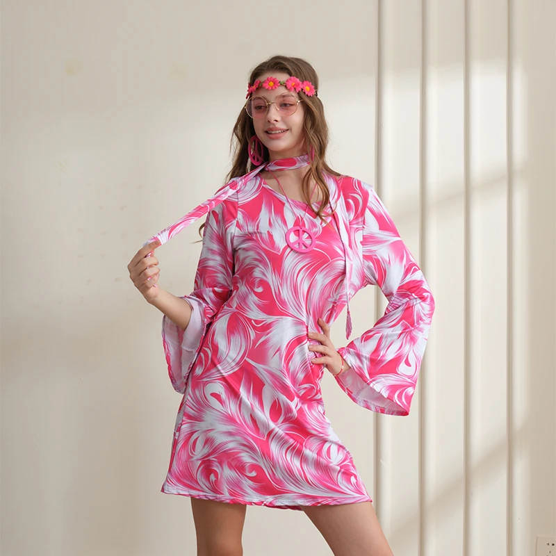 תלבושת דיסקו ורודה משנות ה-60 וה-70 בסגנון היפי לנשים, שמלת בגדים בסגנון שנות ה-70, אביזרי סימן שלום לתכשיטים להלווין