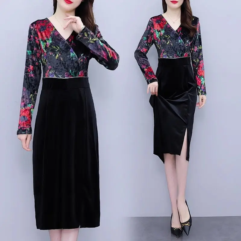 

Женское бархатное платье средней длины, элегантное приталенное платье большого размера с длинным рукавом и винтажным принтом, модель Z3769 на осень, 2023