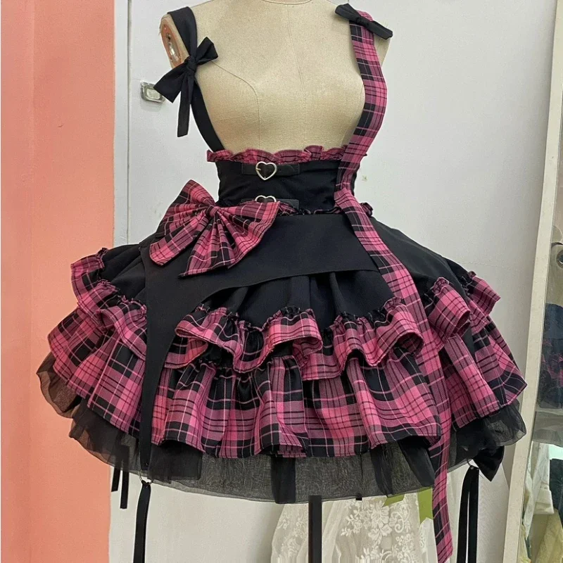 Cute Girl Y2k Cosplay Costume Party Skirt Ball Gown Lolita Plaid Bow Suspender Skirt Women Love Button A-Line Mini Skirts