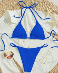 Elegant Solid Halter Bikini Set with High-Waisted Lace-Up Design - S (Royal Blue)
