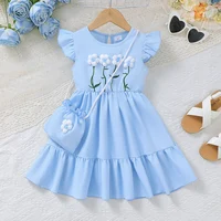 Robe d'été pour filles de 1 à 6 ans, 3 pièces, bleu, sans manches, style A-line, robe décontractée pour enfants avec fleurs en laine 3D + petite poche 1