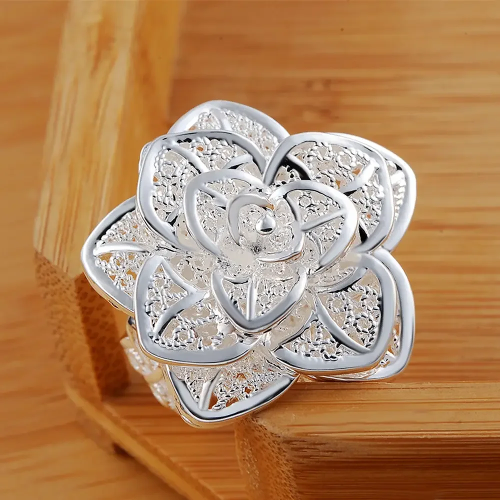 925fashion Gold color simple elegant silver hollow Rose jewelry ring women lady gift cute wedding R116 wedding rings silver ring womens ring finger rings jewelry rings ring jewelry