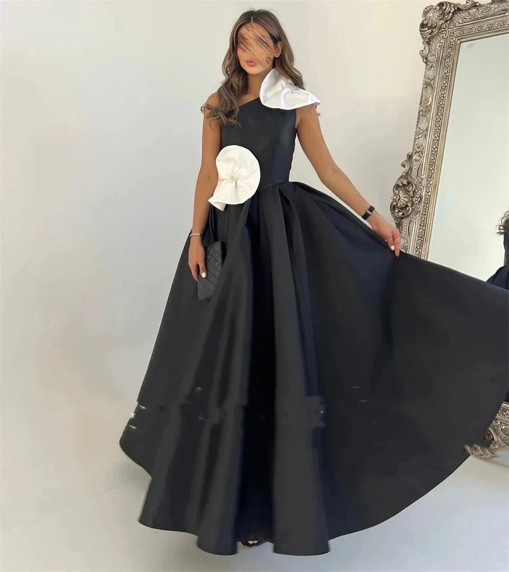 

Romantic Black Satin Dubai Arabic Prom Dresses One Shoulder A-line Floor-Length Formal Evening Party Gowns For Women فستان سهر