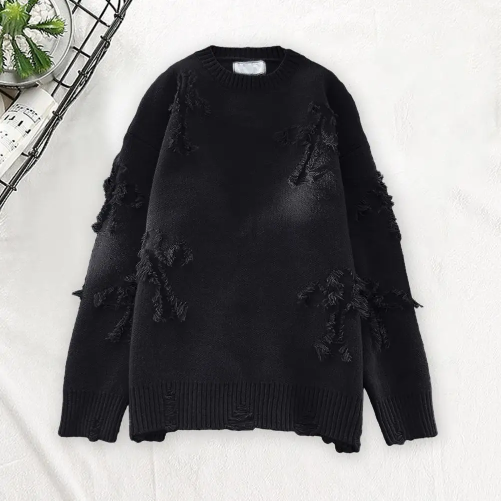 

Men Fall Winter Sweater Ripped Round Neck Knitted Sweater Loose Pullover Elastic Soft Warm Thick Hip Hop Streetwear Men Sweater